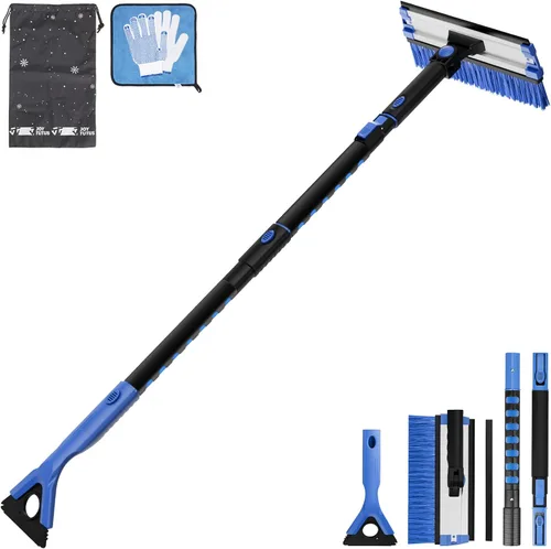 JOYTUTUS Cepillo de nieve extensible de 47.7 pulgadas y raspador de hielo, cepillo rascador de nieve giratorio de 270° para parabrisas de automóvil,
