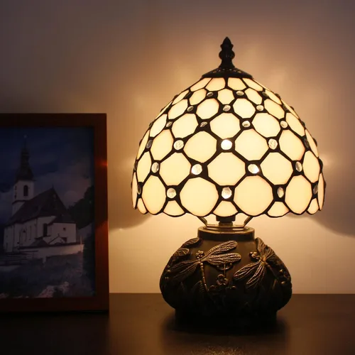Miniatura 3 de Lámpara Tiffany Pequeña Mini Lámpara de Mesa de Vidrio Teñido Perlas Crema Estilo Seta Luz de Escritorio Lámpara de Memoria Simpatía 8X11 Pulgadas