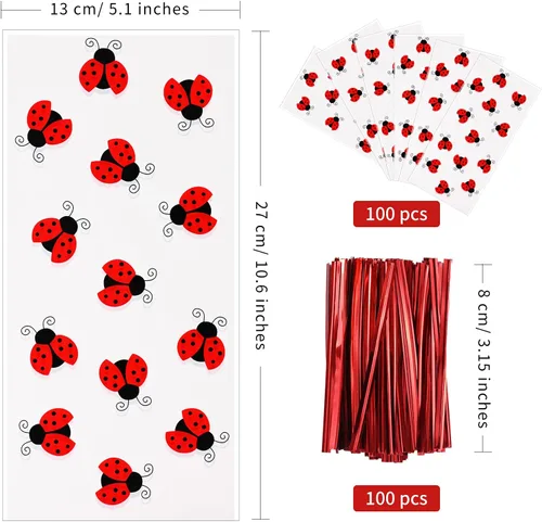 Miniatura 2 de Lecpeting 100 bolsas de golosinas de mariquita y celofán, bolsas de dulces de mariquita con lazos giratorios para suministros de fiesta