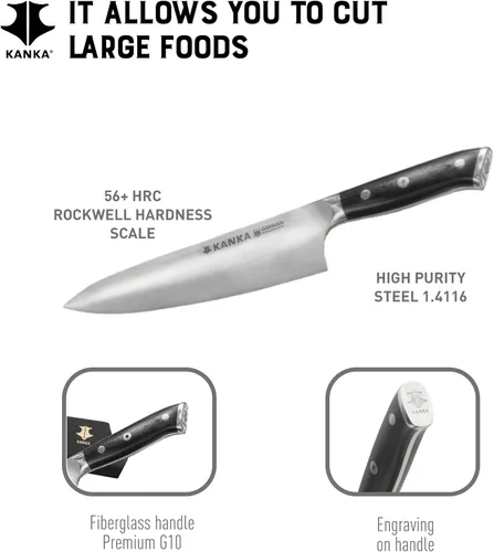Miniatura 4 de KANKA Cuchillo de chef profesional de 8 pulgadas, acero inoxidable 1.4116 de alta calidad, mango de fibra de vidrio G-10 ultra premium, funda