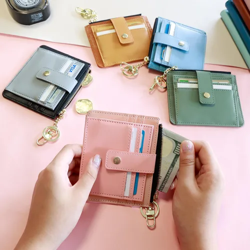 Miniatura 6 de Deziliao Funda delgada para tarjetas de crédito con bloqueo Rfid para mujer, cartera con cremallera, cartera pequeña y compacta de cuero