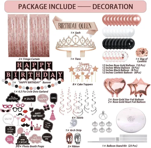 Miniatura 2 de UJoyant Decoraciones de cumpleaños para mujer, 229 piezas de suministros de feliz cumpleaños de oro rosa y negro, juego de vajilla desechable con 25