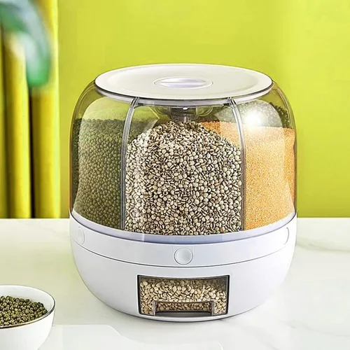 Miniatura 5 de Dispensador de cereales giratorio para encimera, recipientes de grano con 6 compartimentos, ideal para almacenamiento de lentejas, arroz, frijoles