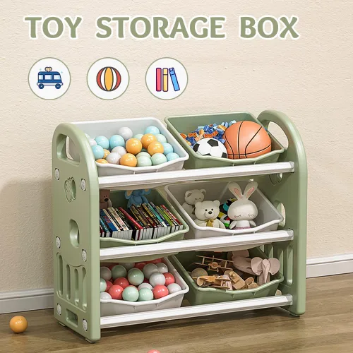 Miniatura 3 de Organizador de almacenamiento de juguetes para niños, estantes de 3 niveles, organizador de almacenamiento multifuncional para niños con 6 Verde