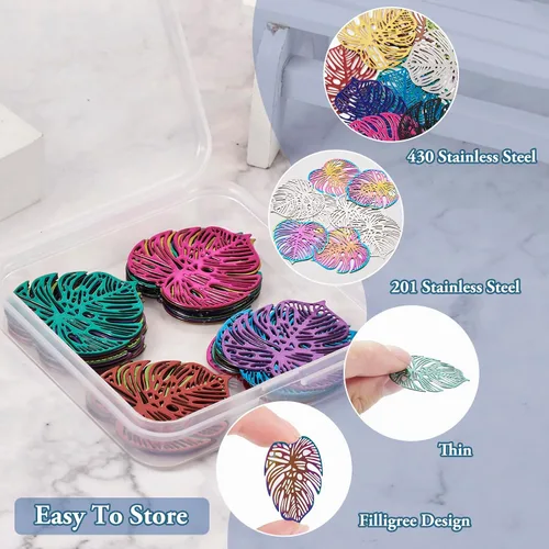 Miniatura 26 de FASHEWELRY 16 dijes de plumas de arco iris de acero inoxidable con alas de filigrana, adornos de metal de 4 colores para hacer joyas, pulseras
