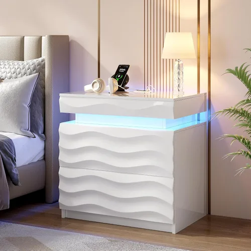 Miniatura 18 de Mesita de noche LED con estación de carga, moderna mesita de noche negra con luz de sensor corporal, mesita de noche con 2 cajones de almacenamiento