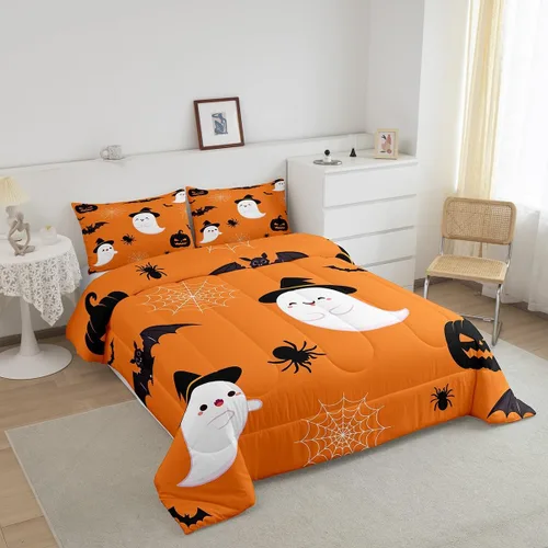 Miniatura 4 de Erosebridal Juego de edredón divertido de Halloween para niños, juego de ropa de cama de calabaza fantasma, decoración de Halloween para niños