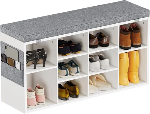 Miniatura 11 de coucheta Banco de almacenamiento de zapatos con cojín, armario de zapatos con asiento de cubo, banco pequeño con estante ajustable de 3 niveles