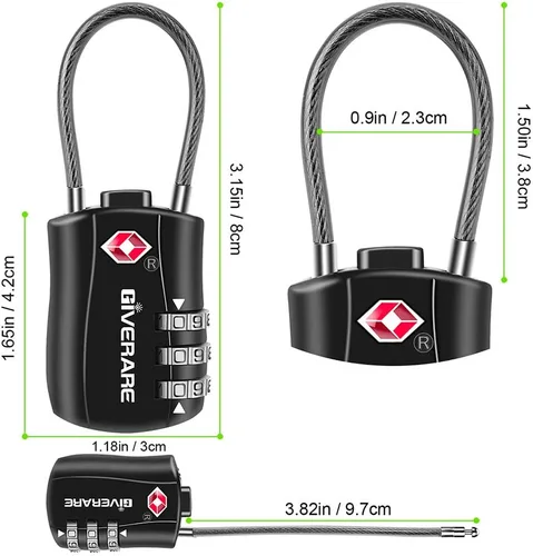 Miniatura 4 de GIVERARE Cerraduras de equipaje aprobadas por la TSA, cerradura de cable de viaje combinada, candados de 3 dígitos reconfigurables con cuerpo de 1