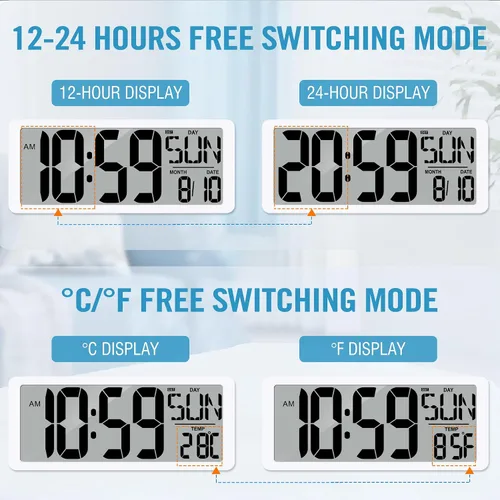 Miniatura 9 de Reloj de pared digital grande de 14.2 pulgadas, funciona con pilas, reloj digital con pantalla grande con día, fecha y temperatura, reloj de pared