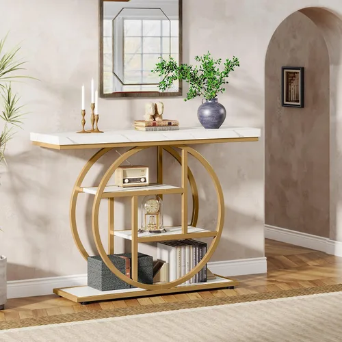 Miniatura 6 de Tribesigns Mesa de Consola de 41.3 pulgadas, Mesa Industrial de 4 Niveles para Sofá de Entrada con Base Circular, Mesas Decorativas de Madera Oro
