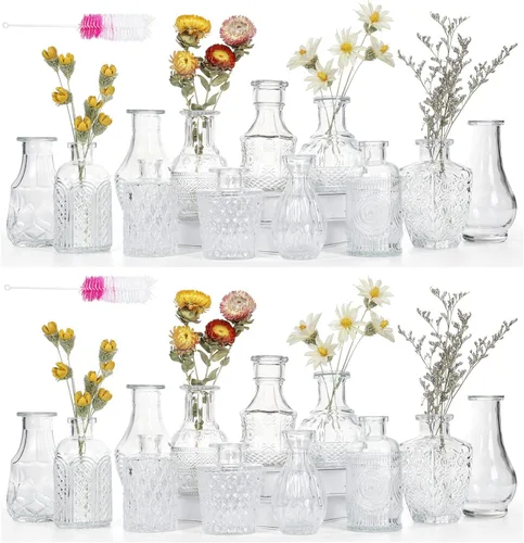 Miniatura 20 de Juego de 12 jarrones de cristal con brocha, jarrones de cristal para centros de mesa lindos, mini jarrón transparente a granel para decoraciones