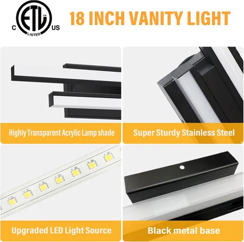 Miniatura 7 de Barra de luz LED para tocador de baño de 18 pulgadas, accesorio de iluminación sobre espejo de 18 W, 5000 K, barra de luz negra para tocador