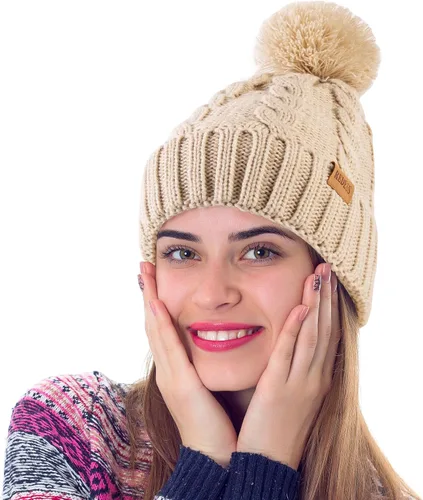 Miniatura 2 de REDESS Gorro de invierno con pompón para mujer con forro polar cálido, gorro de esquí grueso y holgado de punto de nieve