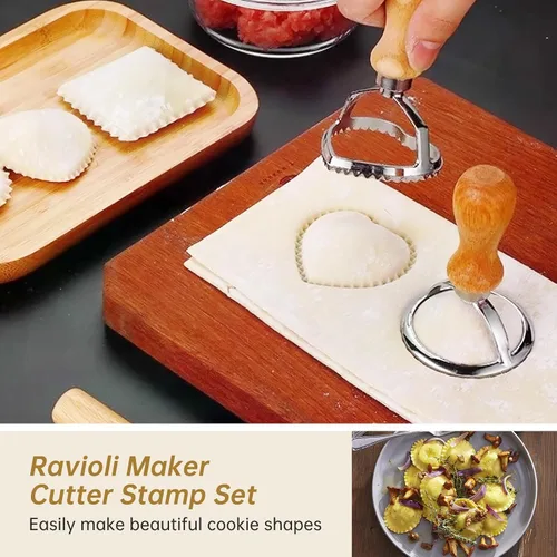 Miniatura 3 de [14 Piezas Mejoradas] Juego de Cortador de Rueda para Pasta Ravioli, Cortador Fabricador de Ravioli con Rueda Rodillo con Mango de Madera, Rueda