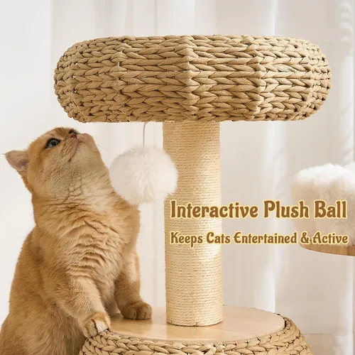 Miniatura 6 de Moderna torre de árbol para gatos de interior, madera maciza de 30 pulgadas y ratán para gatos con postes rascadores y auto arreglado, cama de felpa