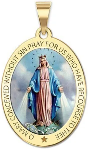 Picturesongoldcom Collar de medalla milagrosa católica con colgante ovalado para mujeres y hombres hecho en oro amarillo o blanco de 10 K14 quilates