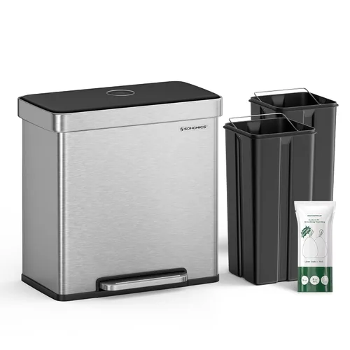 SONGMICS Basurero de cocina de 16 galones (2 x 8 galones) con doble compartimento, cubo de reciclaje de pedal de 60 L, se mantiene abierto y cierre