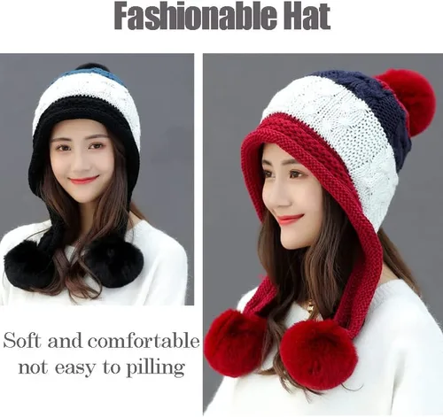 Miniatura 8 de FSIGOM Gorros de punto gruesos de invierno para mujer versión coreana grande con pompones de piel orejeras cálidas de lana con protección