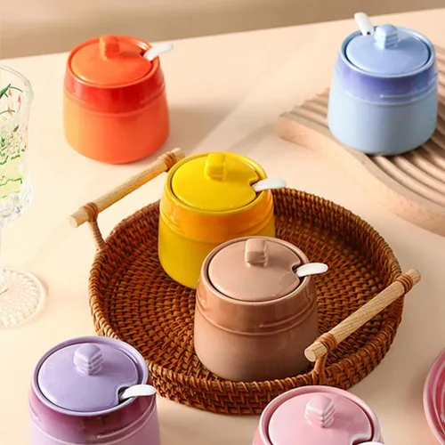 Miniatura 4 de Kichvoe Tarro de cerámica para condimentos con cuchara, recipiente de sal, contenedor de azúcar, botella de almacenamiento de condimentos