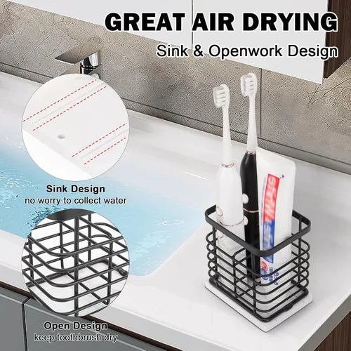 Miniatura 3 de Soporte para cepillos de dientes, lujoso soporte de metal para pasta de dientes con base de mármol para baño, diseño calado de múltiples ranuras