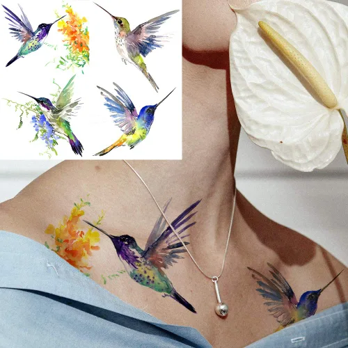 Miniatura 7 de 15 hojas de tatuajes temporales de colibrí de acuarela 3D de FANRUI para mujeres y niñas, pequeño, multicolor, colibrí, tatuaje, temporal, colorido