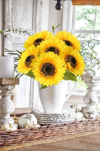 Miniatura 3 de Girasoles artificiales grandes de 9 pulgadas, flores artificiales de tallo largo de 33 pulgadas de alto, girasoles de seda gigantes con tallo