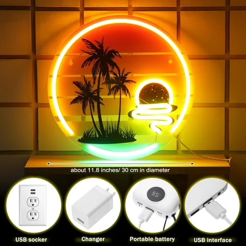 Miniatura 2 de Glooglitter Letrero de neón tropical de 11.8 pulgadas, palmera y puesta de sol, luz de neón para decoración de pared, coloridos letreros de barra