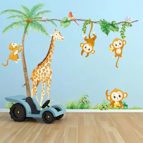Miniatura 2 de Runtoo Calcomanías de pared de animales de safari para guardería, palmera, jirafa, mono, calcomanías de pared para dormitorio de niños Jirafa y Mono