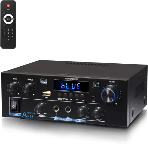 WOOPKER AK55 Amplificador de audio estéreo con Bluetooth 5.0,450W Max Home 2.0 Canal Amplificador estéreo de potencia Sistema receptor para Karaoke,