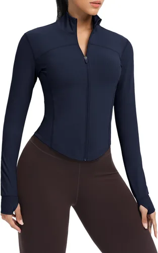 Miniatura 45 de AVGO Chaquetas de entrenamiento recortadas para mujer, con cremallera, ajustadas, atléticas, con agujeros para el pulgar