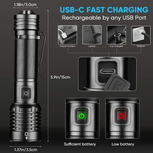 Miniatura 5 de NAKCNM 2 Pack High Lumens LED Flashlight, Rechargeable Super Bright Torch with Adjustable Focus, USB-C Charging, Small Pocket-Sized Flashlight for