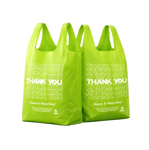 Miniatura 10 de YoYoRain 100 unidades de bolsas de camiseta “Gracias” – Bolsas de plástico verdes para compras con asas, para venta al por menor, abarrotes