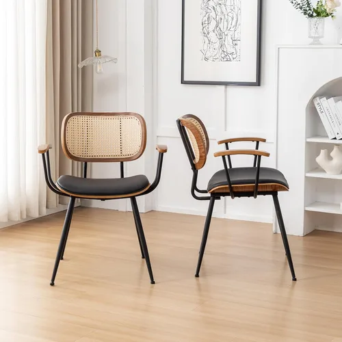 Miniatura 4 de Juego de 2 sillas de comedor de ratán, sillas auxiliares de cocina modernas de mediados de siglo, sillas de escritorio con patas de metal, sillas