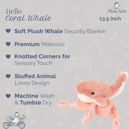 Miniatura 2 de MON AMI Peluche de ballena coral para bebés, manta de seguridad anudada de 13.5 pulgadas, juguete de felpa suave para bebés, perfecto esencial