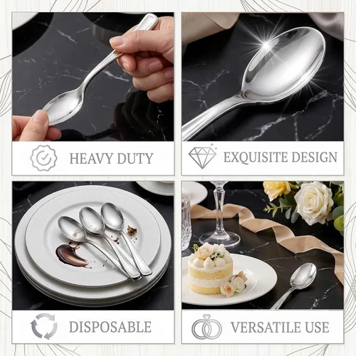 Miniatura 6 de WDF Paquete de 100 cucharas de plástico plateadas desechables, cucharas plateadas de 6.9 pulgadas, cucharas de plástico resistentes, modernas