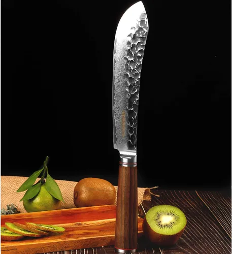 Miniatura 8 de YOUSUNLONG Cuchillo de carnicero japonés martillado de acero de Damasco de 8 pulgadas, mango de madera de nogal natural