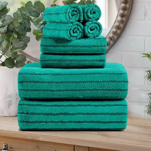 Miniatura 19 de Juego de 8 toallas de baño grandes a rayas estilo cabana color verde militar - Sábana de baño extragrande - 2 toallas de baño, 2 toallas de mano, 4