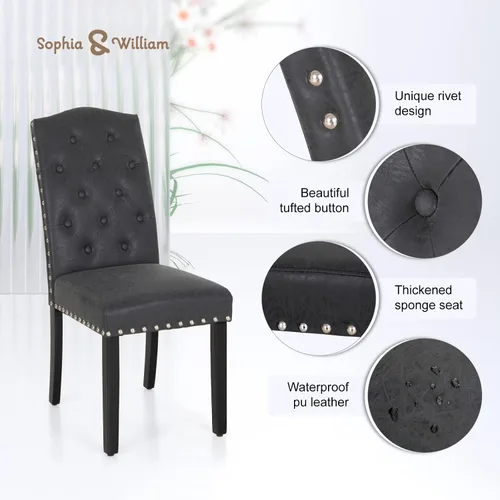 Miniatura 4 de Sophia & William Juego de 2 sillas de comedor tapizadas de piel sintética con respaldo alto y patas de madera maciza, sillas de comedor decorativas