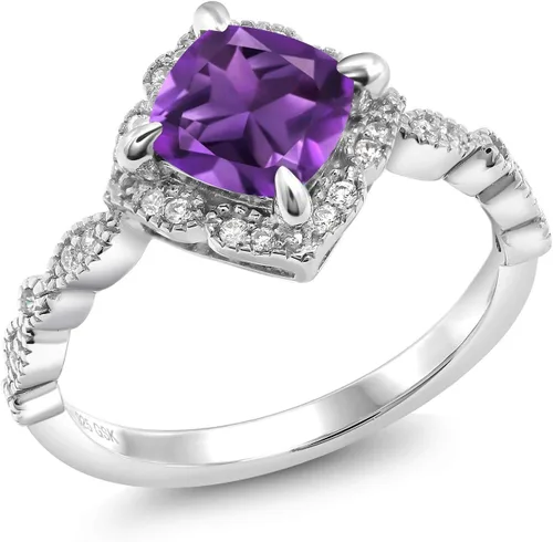 Miniatura 55 de Gem Stone King Anillo de compromiso solitario de moissanita blanca con piedra natal de corte cojín de 0.276 in para mujer, plata de ley 925