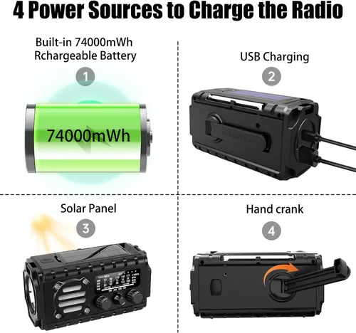 Miniatura 7 de Radio de emergencia con manivela de 20000 mAh, radio meteorológica SW/NOAA/AM/FM, cargador de manivela alimentado por energía solar con batería