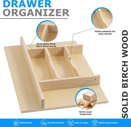 Miniatura 4 de WelFurGeer Organizador de cubiertos de madera premium para cajones de cocina, bandeja de utensilios para cajón de cocina, organizador de cajones