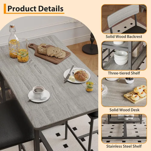 Miniatura 4 de GAOMON Juego de mesa de bar de 3 piezas con 2 taburetes tapizados, juego de comedor de altura de mostrador que ahorra espacio con estantes