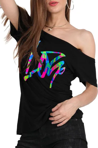 Miniatura 76 de MAGICMK - Camiseta casual para mujer, con estampado de labios y hombro descubierto, talla extragrande