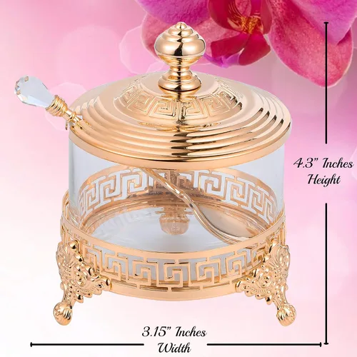 Miniatura 6 de Matashi Azucarero chapado en oro rosa, plato de miel, cuenco de cristal con diseño contemporáneo con cuchara tachonada de cristal, día de la madre