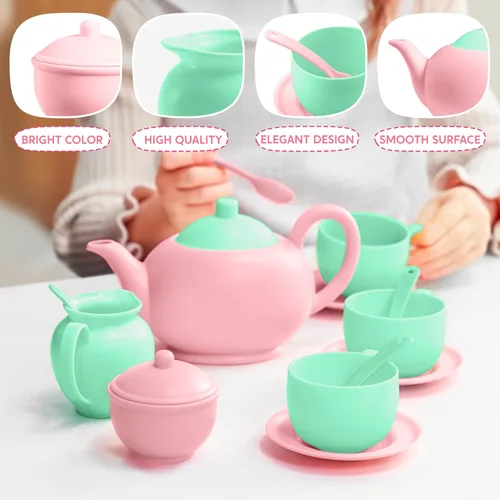 Miniatura 4 de JOYIN Juego de 18 piezas de fiesta de té de simulación, juego de té de plástico, mini cocina para niños, regalos para niños y niñas de 3, 4, 5, 6