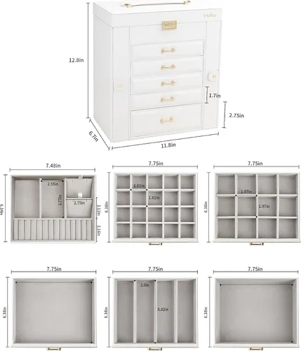 Miniatura 3 de V-LAFUY Joyero grande para mujer, organizador y almacenamiento de joyas, caja de joyería grande con espejo, color blanco