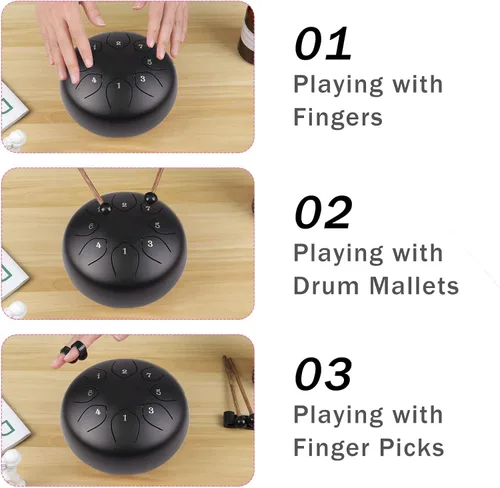Miniatura 6 de Tambor de lengua de acero para niños: juego de tambores musicales de metal de 6 pulgadas, 8 notas, tecla C para meditación, yoga, educación, Negro