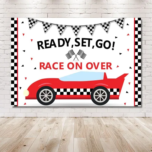 Miniatura 6 de MEHOFOND Telón de fondo de fiesta de cumpleaños de coche de carreras, accesorios para niños, enciende tus motores, carreras sobre negro y rojo