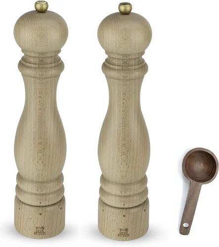 Peugeot Paris u'Select - Juego de molinillo manual de 6 ajustes de madera de haya con cuchara de especias de madera, fabricado en Francia (natural,